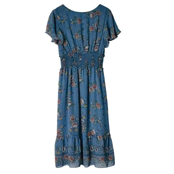 NWT Max Studio Blue Floral Short Sleeve Spring Dress L Ruffle Fit Flare Mid Tea - Picture 4 of 6